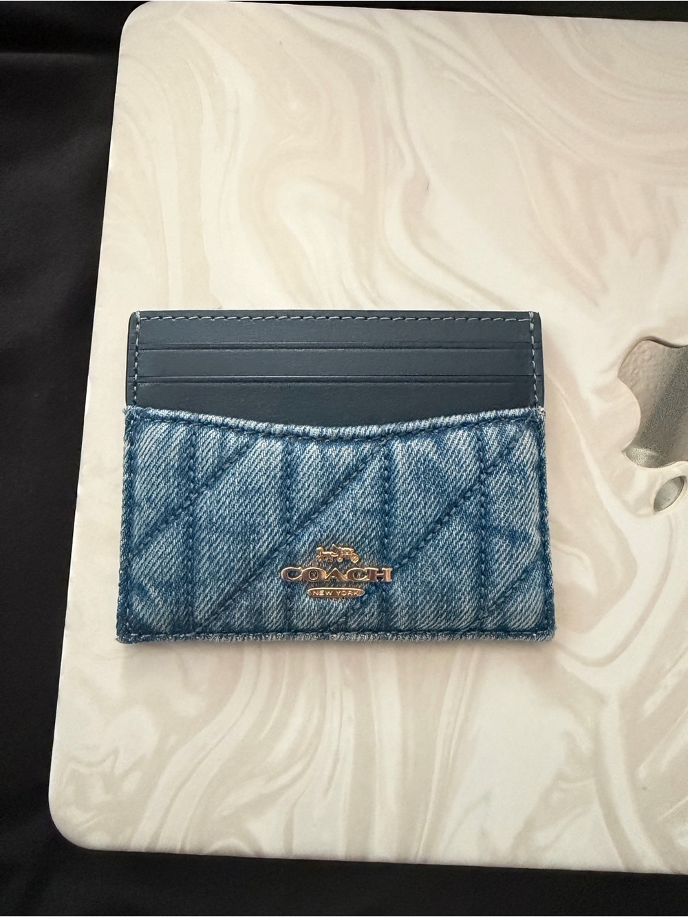 Coach Blue Denim Quilted Card Holder with Navy Leather